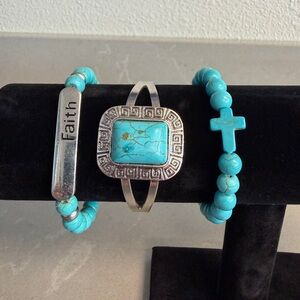 Turquoise Bracelet Set | Silver Cuff + Beaded Cross | Boho Southwestern